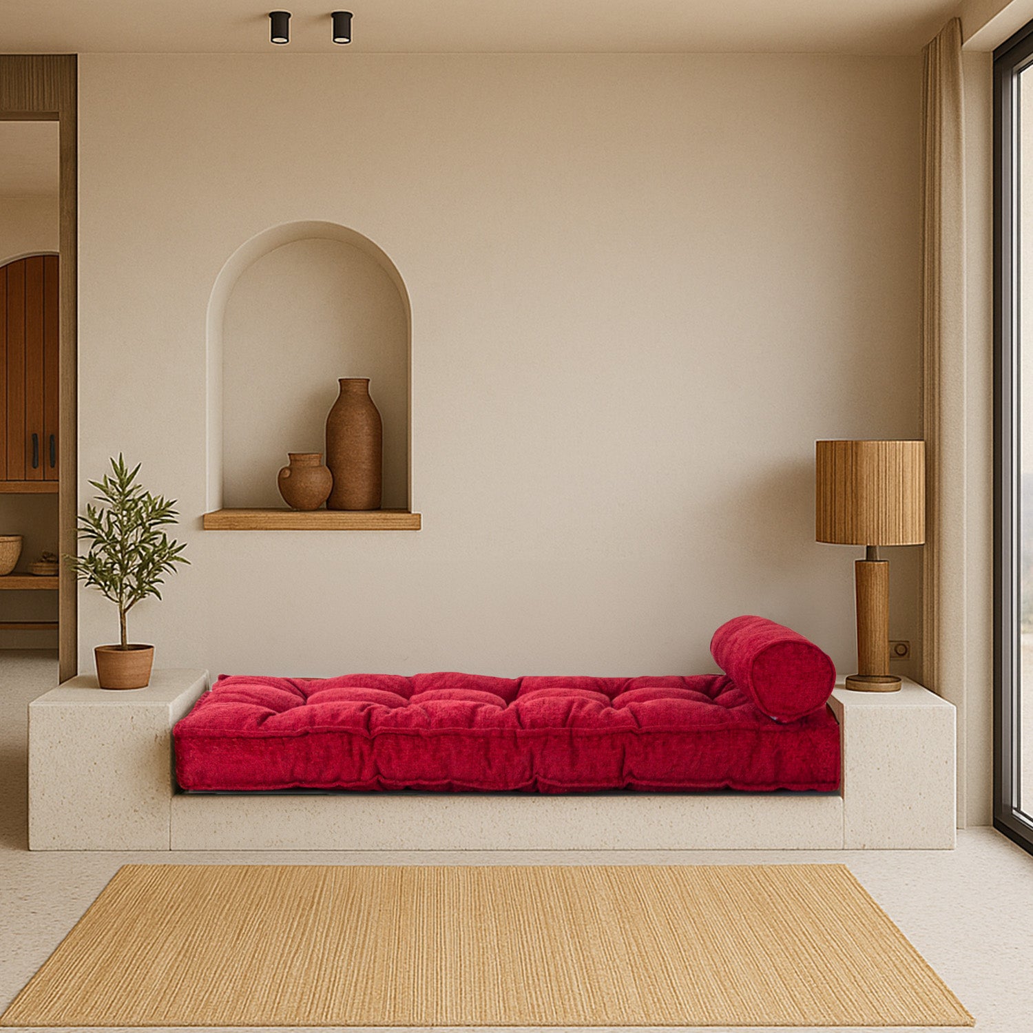 Sofa Buklet Kapitoneli Yer-Sedir Minderi - Kırmızı